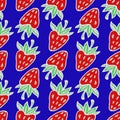 Red strawberries, white outline on bright blue background