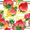 Red strawberries wild fruit. Seamless background pattern. Fabric wallpaper print texture. Royalty Free Stock Photo