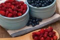 Red strawberry and blue bilberry on wooden background, organic food concept