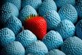 Red strawberry among blue strawberries, different and unique. Generative AI Royalty Free Stock Photo