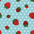 Red strawberry flat illustration over sky blue polka dots
