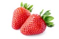 Red strawberry fruits with green leaves isolated on white background. Clipping path Royalty Free Stock Photo