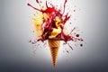 Red strawberry ice cream cone with swirl splash. Ads promo poster with icecream in waffle cup with yellow splashing Royalty Free Stock Photo