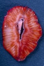 Red strawberry slice on the black background, close up, top view