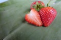 Red strawberry sliced on banana leaf