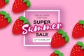 Red Strawberry Super Summer Sale Banner in paper cut style. Origami Healthy food on pink. Square frame for text