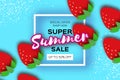 Red Strawberry Super Summer Sale Banner in paper cut style. Origami Healthy food on sky blue. Square frame for text