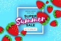 Red Strawberry Super Summer Sale Banner in paper cut style. Origami Healthy food on sky blue. Square frame for text