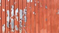Red striped galvanized corrugated roofing sheet with peeling paint. The texture is made of old silver steel corrugated iron with a Royalty Free Stock Photo