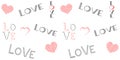 Valentine`s seamless pattern with red striped hearts and dark grey inscriptions love on a white background Royalty Free Stock Photo