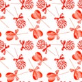 Red striped lollypops watercolor seamless vector print