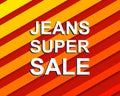 Red striped sale poster with JEANS SUPER SALE text. Advertising banner