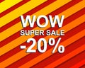 Red striped sale poster with WOW SUPER SALE MINUS 20 PERCENT text. Advertising banner Royalty Free Stock Photo