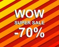 Red striped sale poster with WOW SUPER SALE MINUS 70 PERCENT text. Advertising banner Royalty Free Stock Photo
