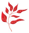 Red stylized branch with detailed leaves, nature graphic design. Geometric botanical illustration, modern flora decor