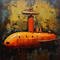 Dystopian Atmosphere: Large Acrylic Painting Of Orange Submarine On Rust Background