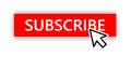 Red subscribe button for video channel mockup. Web button with arrow cursor. Subscribe element for social media webpage Royalty Free Stock Photo