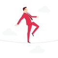 Red suit businessman walking on rope