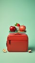 A red suitcase with apples, a bowl of fruit and an apple, AI