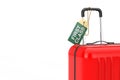 Red Suitcase with Hand Luggage Flight First Class Tag Label. 3d Rendering Royalty Free Stock Photo