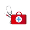 red suitcase health with stethoscope and syringe