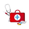 red suitcase health with stethoscope, syringe and treatment