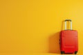 a red suitcase is leaning against a yellow wall