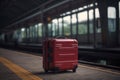 A red suitcase sits on an empty platform waiting for a train Royalty Free Stock Photo