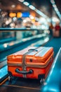 A red suitcase is sitting on an airport escalator. Generative AI