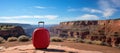 A red suitcase sitting on top of a rock. Grand Canyon on background