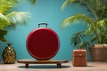 A red suitcase sitting on top of a wooden floor. Copy space circle. Minimalist touristic concept with palms