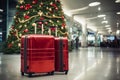 Red suitcases near Christmas tree at the airport