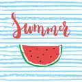 Red Summer brush hand painted lettering phrase isolated on the blue striped background with colorful sketch watermelon Royalty Free Stock Photo