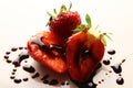 Red summer strawberries, seasonal fruit, macro photo with balsamic vinegar of Modena