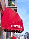 Red sun blind or marquee of an ancient Hotel Royalty Free Stock Photo