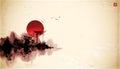 Red sun, island with forest trees and torii gate on vintage background. Traditional oriental ink painting sumi-e, u-sin Royalty Free Stock Photo