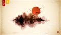 Red sun, island with forest trees and torii gate on vintage background. Traditional oriental ink painting sumi-e, u-sin Royalty Free Stock Photo