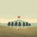 Red Sun Over Field: A Surreal Illustration Inspired By Alessandro Gottardo And Liam Wong