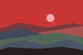 Red sun set sky. Brown, gray, blue, green and black mountains silhouette. Sandy dunes. Graphic design. Nature and ecology.