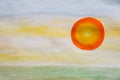 Red sun at sunset in sky. Drawing with watercolor.