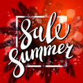 Red Sunset on the beach Summer sale background with palm. Vector banner Royalty Free Stock Photo