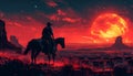Red sunset cowboy silhouette with horse in wild west landscape. Generative Ai illustration. Royalty Free Stock Photo