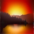 Red sunset glow over mpuntains and lake vector nature illustration, pine forest and hills landscape Royalty Free Stock Photo
