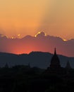 Red sunset over Bagan, silhouettes pagodas Royalty Free Stock Photo