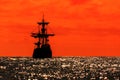 Red sunset silhouette tallship