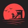 Red Sunset with sillhouette of lifeguard on beach in California | Vector Graphic for apparel t-shirt