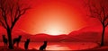 A red sunset with three cats and a tree, AI Royalty Free Stock Photo