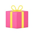 Red surprise gift 3d icon. Volumetric box with yellow ribbons and bow on lid Royalty Free Stock Photo