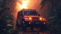 Red SUV jungle sunset adventure travel Royalty Free Stock Photo