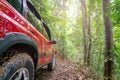 Red suv summer car and road in mountains Driving in forest dirt road Free space for your decoration Green forest background